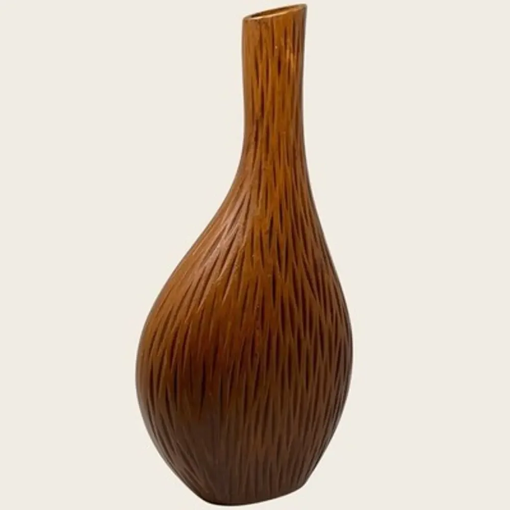 Vintage 1980s Carved Wood Vase Sculptural Boho Organic Feathered Flame
